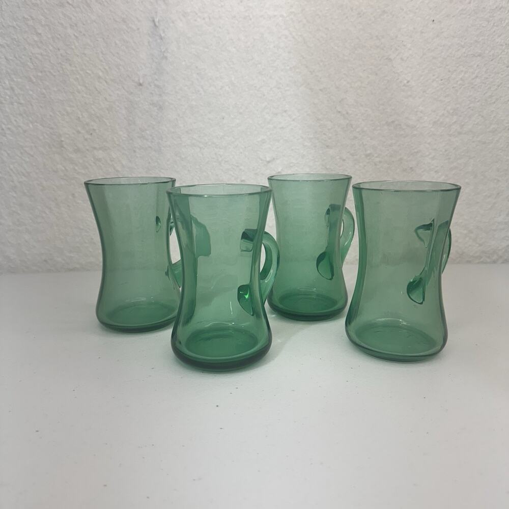 Set Of 4 Clear Emerald Green Hand Blown Glass Handled Cups Coffee Mugs VTG MCM